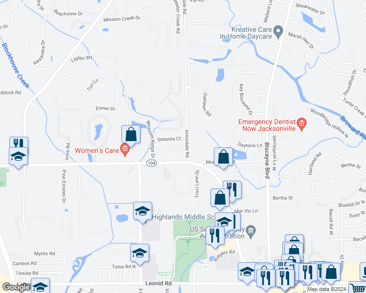 map of restaurants, bars, coffee shops, grocery stores, and more near 2134 Major Oak Street in Jacksonville