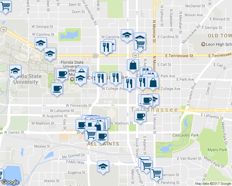 map of restaurants, bars, coffee shops, grocery stores, and more near in Tallahassee