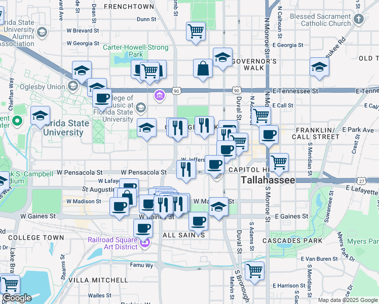 map of restaurants, bars, coffee shops, grocery stores, and more near in Tallahassee