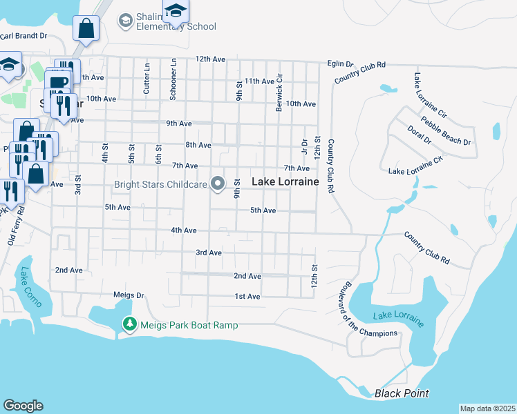 map of restaurants, bars, coffee shops, grocery stores, and more near 30a 10th Street in Shalimar