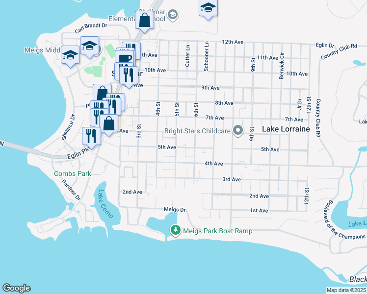 map of restaurants, bars, coffee shops, grocery stores, and more near 52A 5th Street in Shalimar