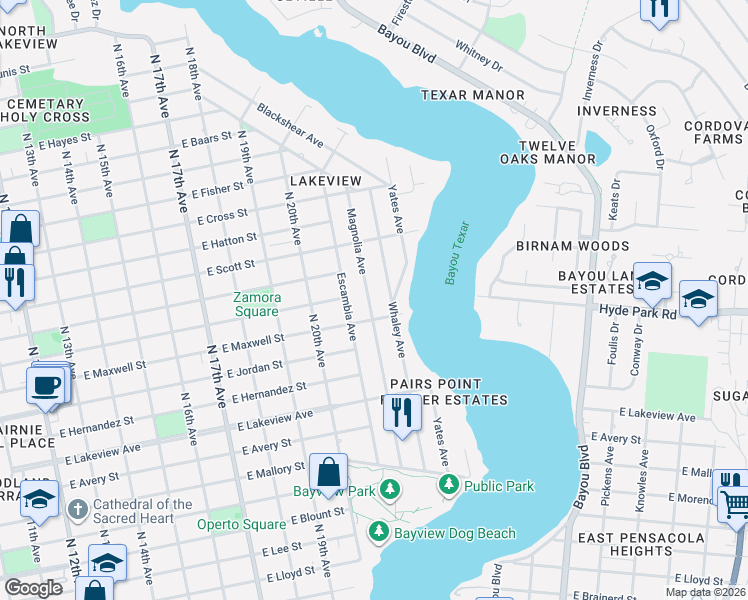map of restaurants, bars, coffee shops, grocery stores, and more near 2200 Escambia Avenue in Pensacola