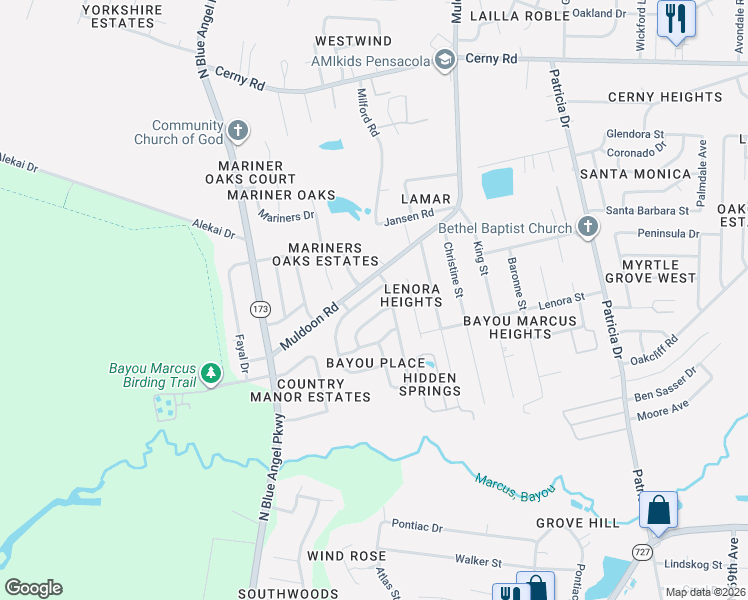 map of restaurants, bars, coffee shops, grocery stores, and more near 7915 Red Bean Drive in Pensacola