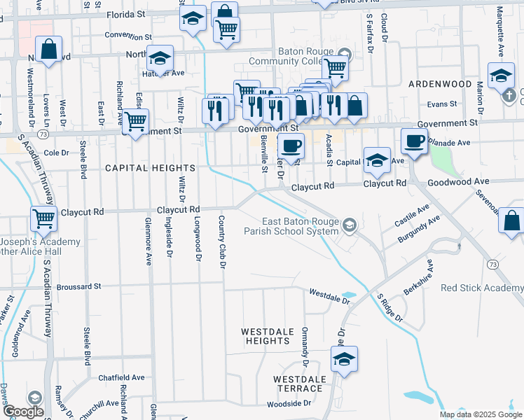 map of restaurants, bars, coffee shops, grocery stores, and more near 4829 Greenside Lane in Baton Rouge