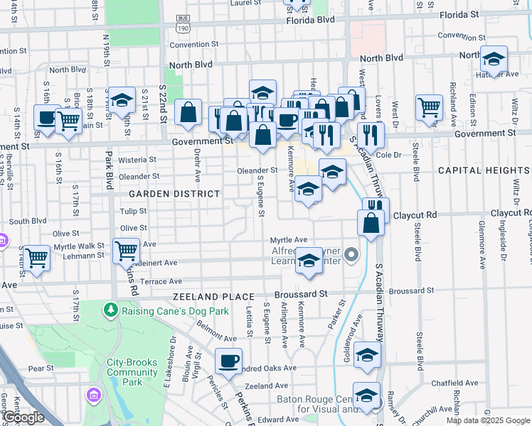map of restaurants, bars, coffee shops, grocery stores, and more near 915 South Eugene Street in Baton Rouge