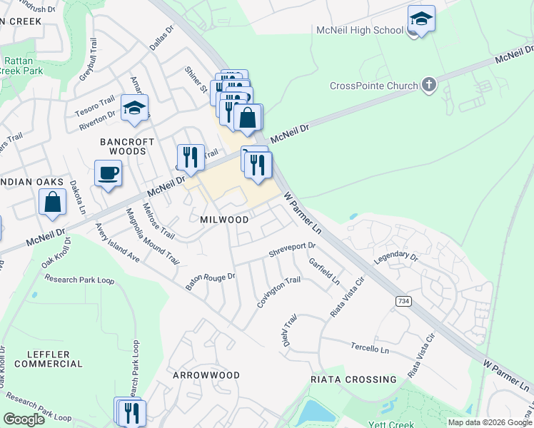 map of restaurants, bars, coffee shops, grocery stores, and more near 5904 Kevin Kelly Place in Austin