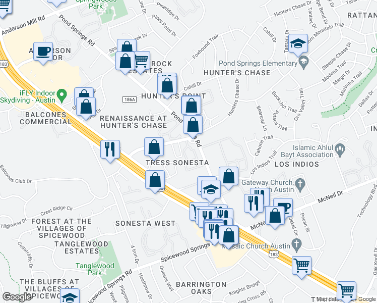 map of restaurants, bars, coffee shops, grocery stores, and more near 12215 Hunters Chase Drive in Austin