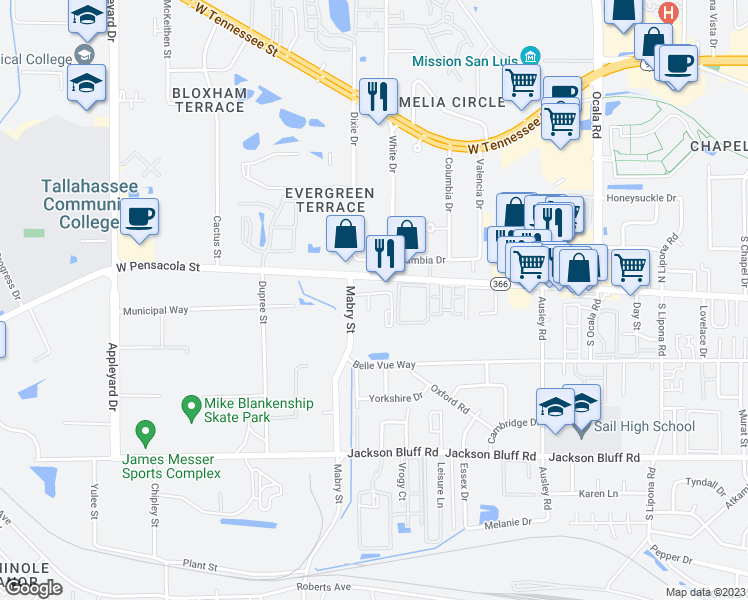 map of restaurants, bars, coffee shops, grocery stores, and more near in Tallahassee