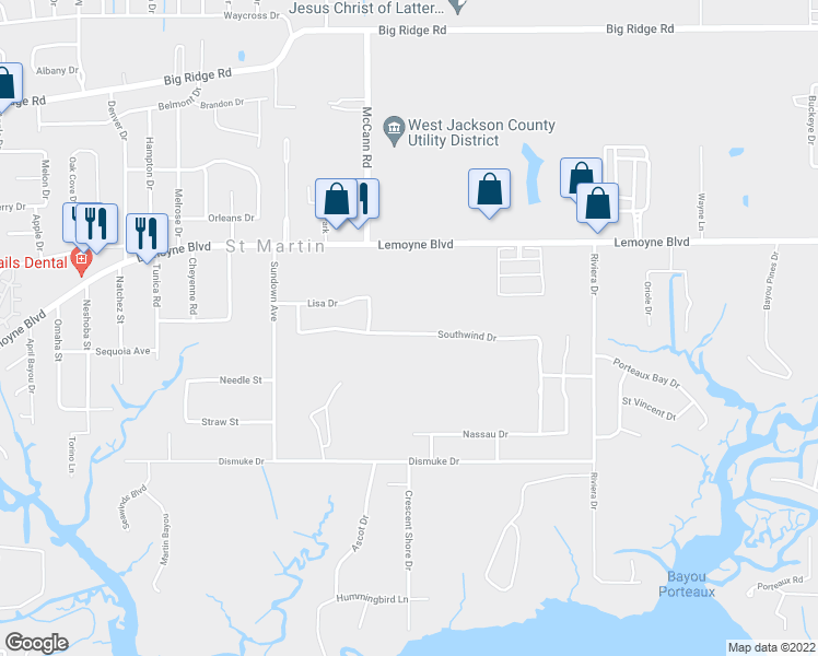 map of restaurants, bars, coffee shops, grocery stores, and more near 7208 Southwind Drive in Biloxi