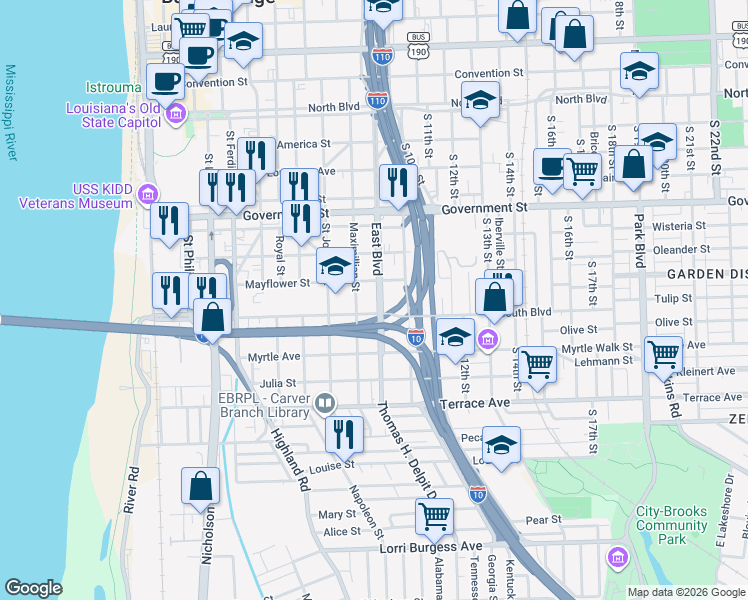 map of restaurants, bars, coffee shops, grocery stores, and more near 867 East Boulevard in Baton Rouge