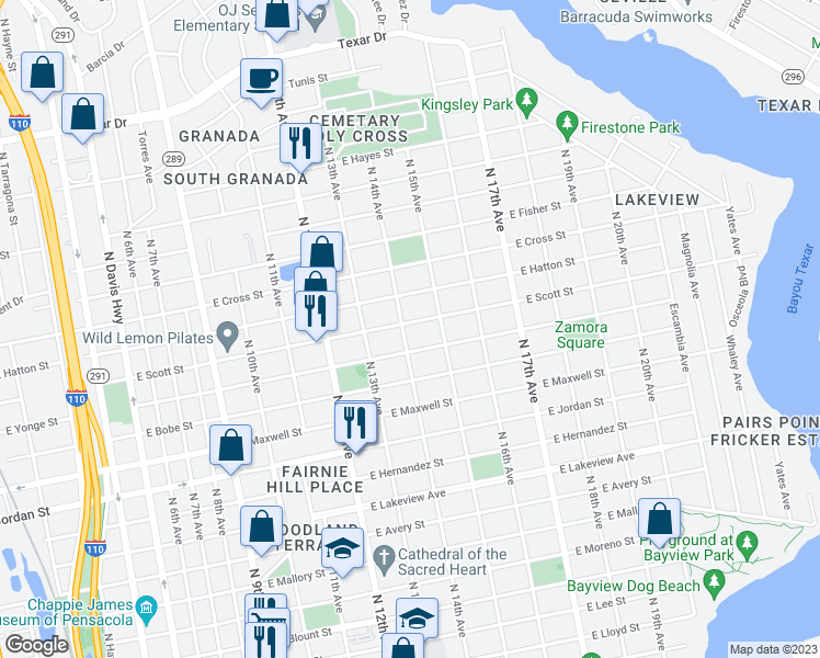 map of restaurants, bars, coffee shops, grocery stores, and more near 1401 East Scott Street in Pensacola
