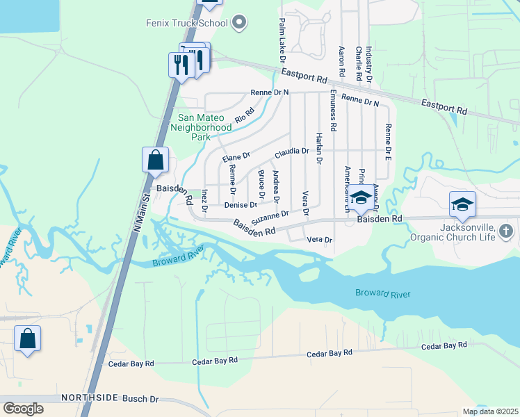 map of restaurants, bars, coffee shops, grocery stores, and more near 336 Denise Drive in Jacksonville