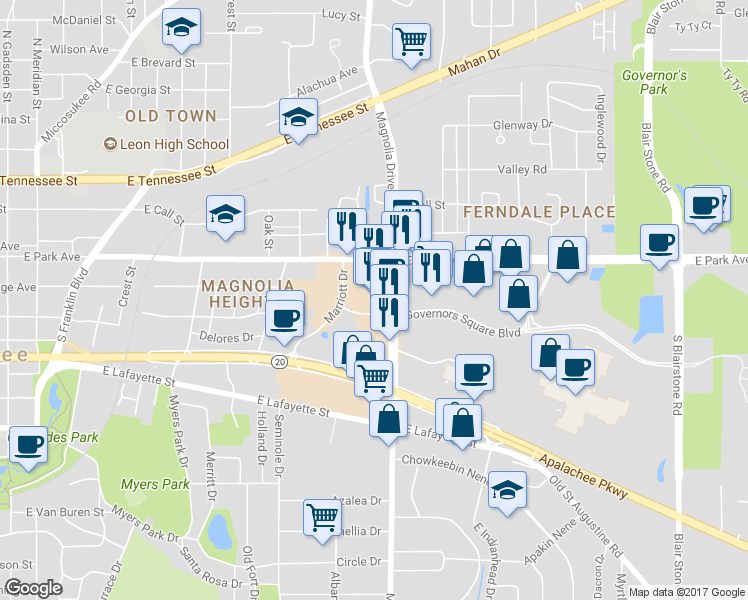 map of restaurants, bars, coffee shops, grocery stores, and more near 216 South Magnolia Drive in Tallahassee