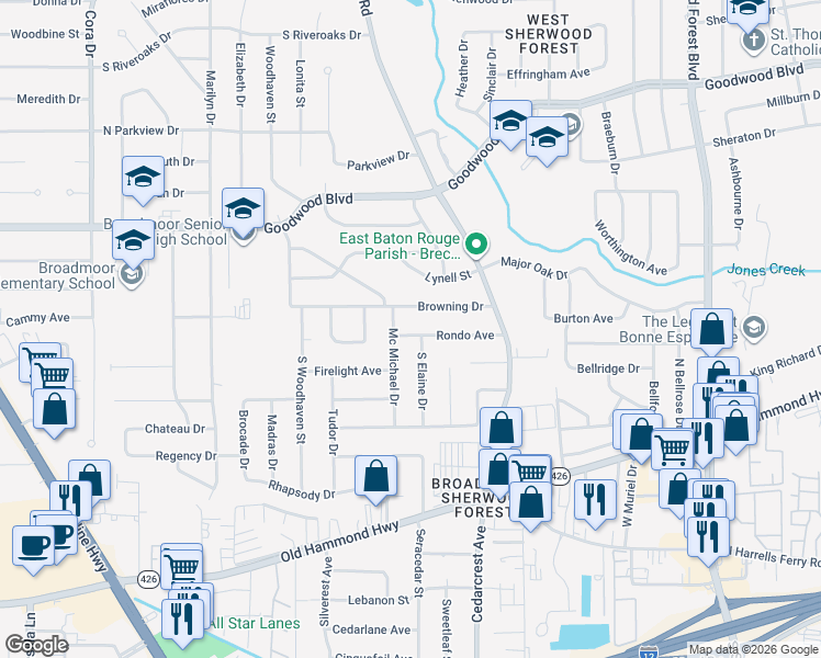 map of restaurants, bars, coffee shops, grocery stores, and more near 10521 Browning Drive in Baton Rouge