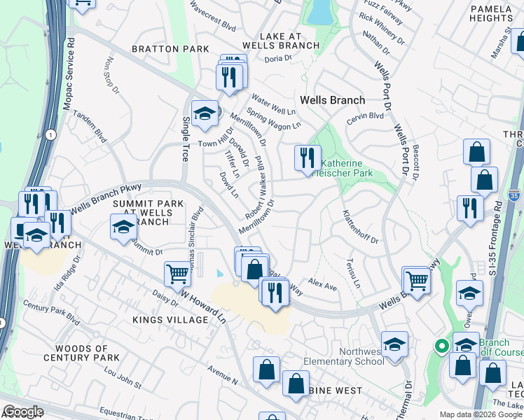 map of restaurants, bars, coffee shops, grocery stores, and more near 2328 Klattenhoff Drive in Austin
