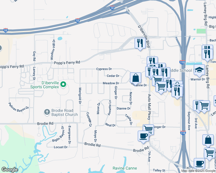 map of restaurants, bars, coffee shops, grocery stores, and more near 630 Meadow Drive in D'Iberville
