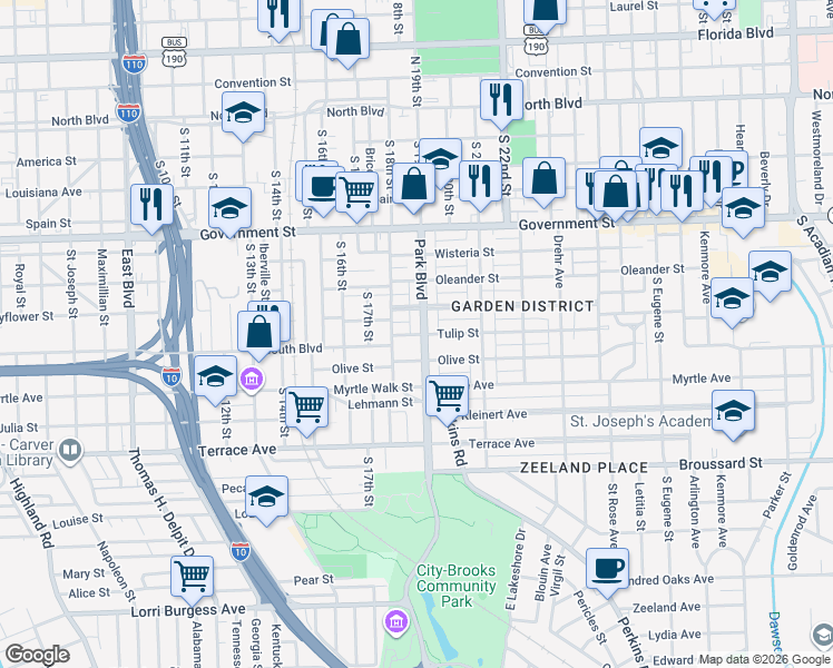 map of restaurants, bars, coffee shops, grocery stores, and more near 1912 Cherokee Street in Baton Rouge