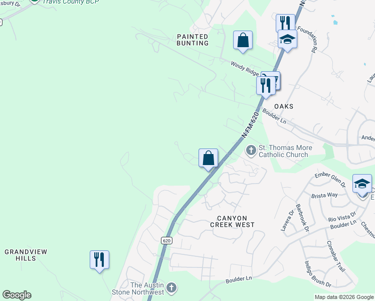 map of restaurants, bars, coffee shops, grocery stores, and more near 9900 North FM 620 in Austin