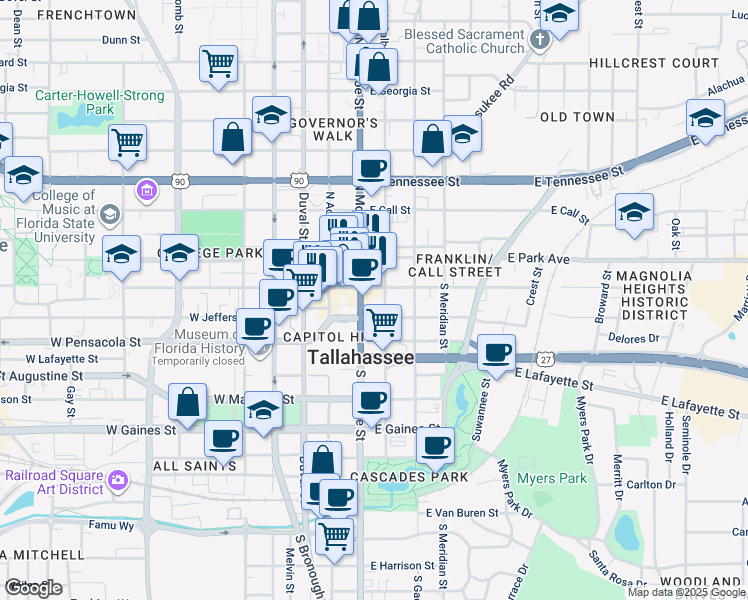 map of restaurants, bars, coffee shops, grocery stores, and more near 123 South Monroe Street in Tallahassee