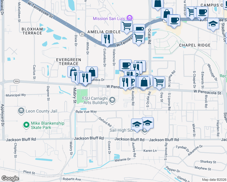 map of restaurants, bars, coffee shops, grocery stores, and more near 2203 West Pensacola Street in Tallahassee