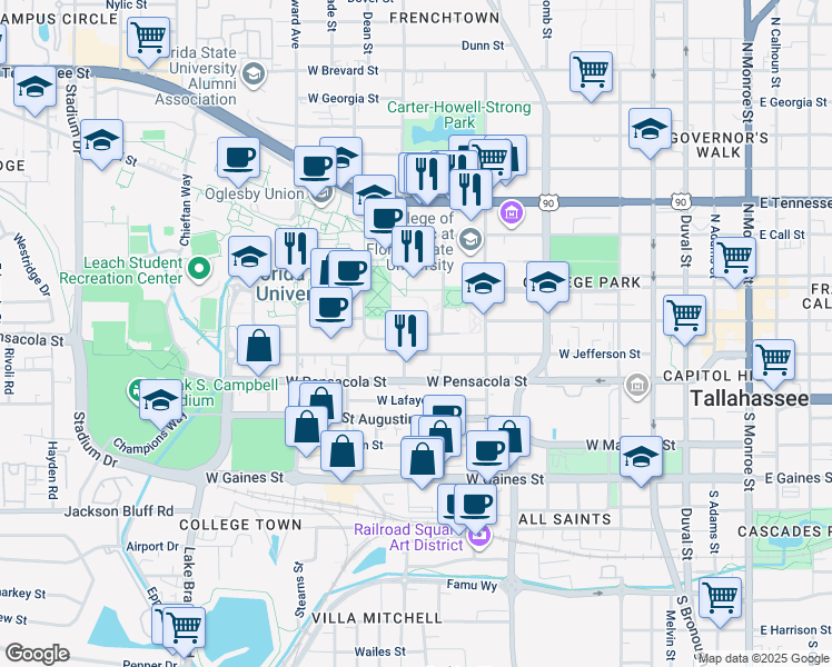 map of restaurants, bars, coffee shops, grocery stores, and more near 143 Honors Way in Tallahassee