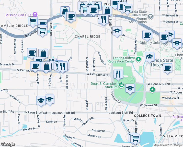 map of restaurants, bars, coffee shops, grocery stores, and more near 101 South Chapel Drive in Tallahassee