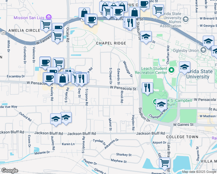 map of restaurants, bars, coffee shops, grocery stores, and more near 101 South Chapel Drive in Tallahassee