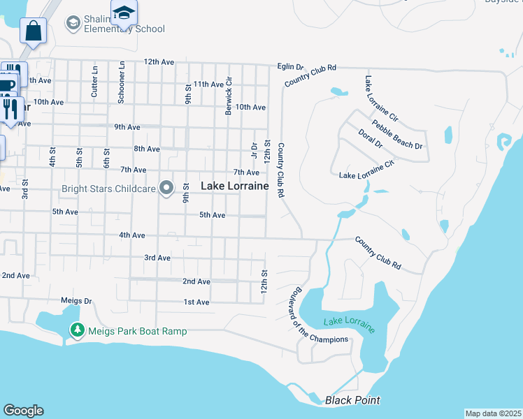 map of restaurants, bars, coffee shops, grocery stores, and more near 37 12th Street in Shalimar
