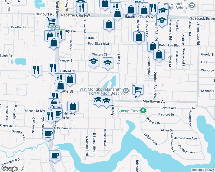 map of restaurants, bars, coffee shops, grocery stores, and more near 323 Somerset Drive in Fort Walton Beach