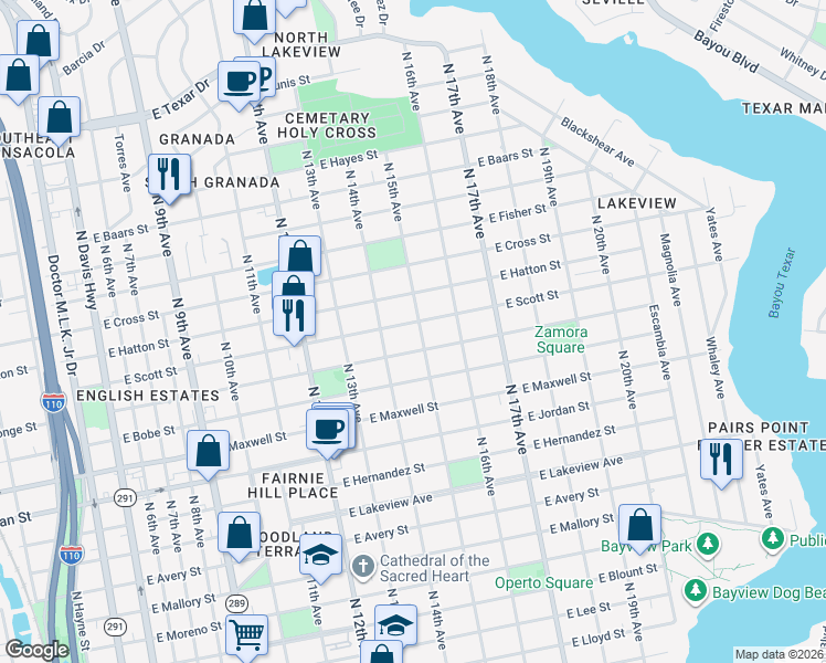 map of restaurants, bars, coffee shops, grocery stores, and more near 1412 East Scott Street in Pensacola