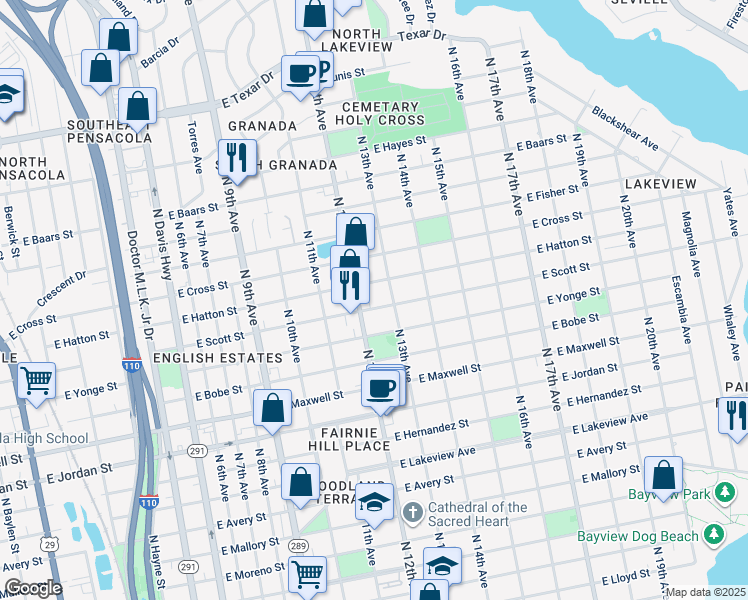 map of restaurants, bars, coffee shops, grocery stores, and more near 2601 North 13th Avenue in Pensacola