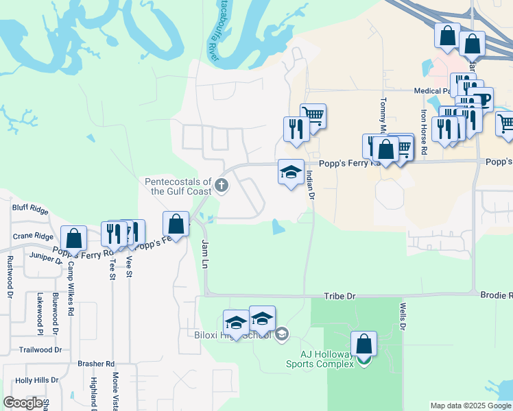 map of restaurants, bars, coffee shops, grocery stores, and more near 1891 Popp's Ferry Road in Biloxi
