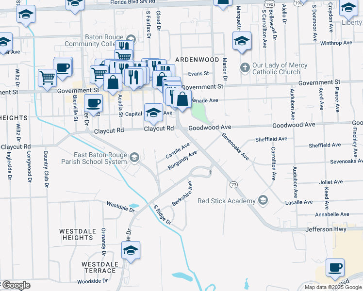 map of restaurants, bars, coffee shops, grocery stores, and more near 4800 Jefferson Highway in Baton Rouge