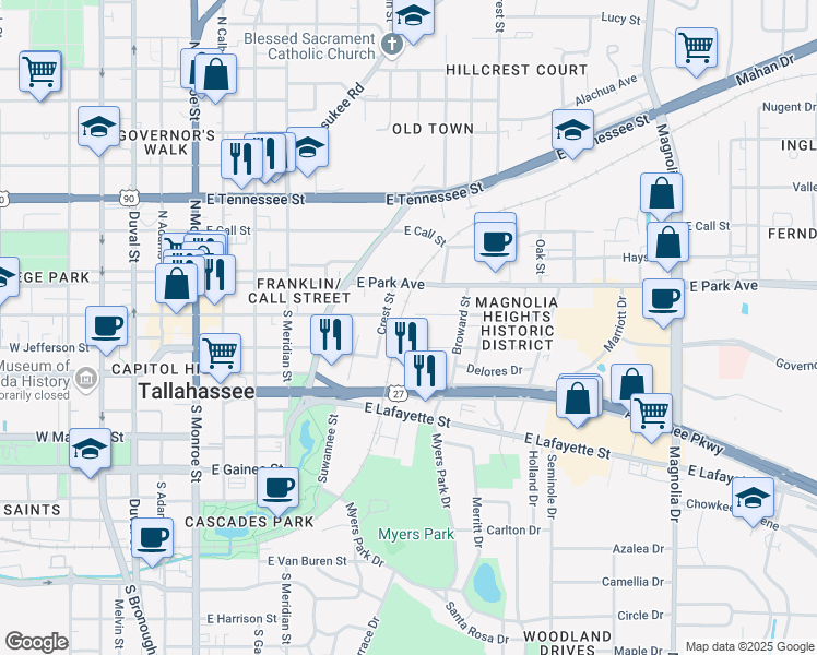 map of restaurants, bars, coffee shops, grocery stores, and more near 705 East College Avenue in Tallahassee