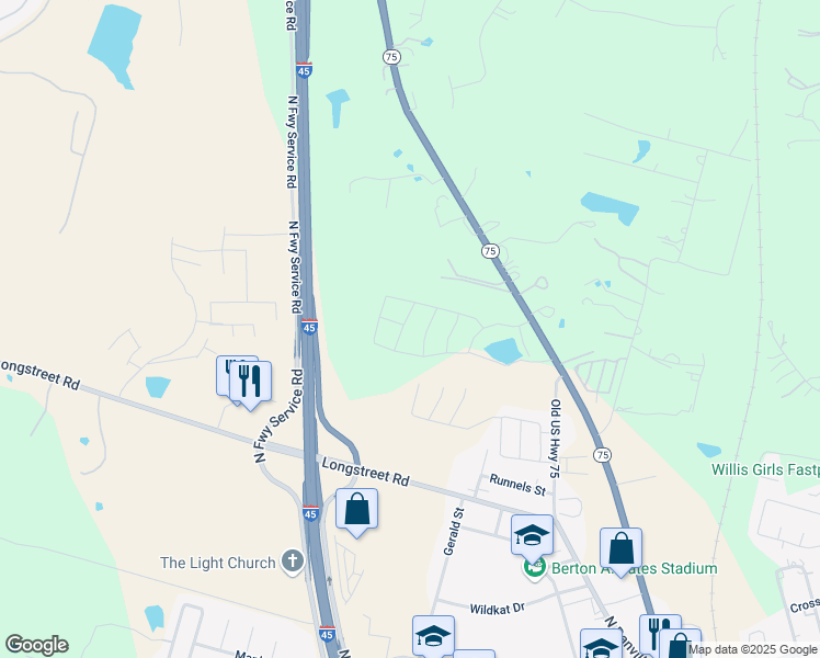 map of restaurants, bars, coffee shops, grocery stores, and more near 417 Upper Creek Drive in Willis