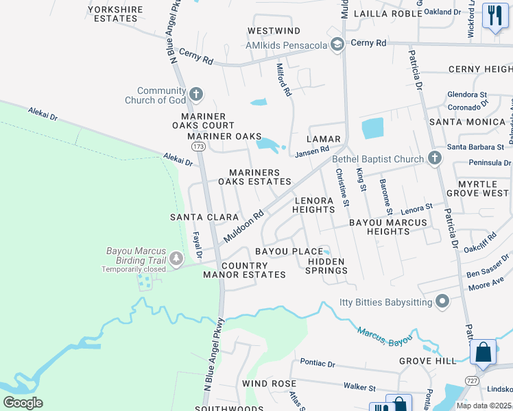 map of restaurants, bars, coffee shops, grocery stores, and more near 3107 Windjammer Court in Pensacola