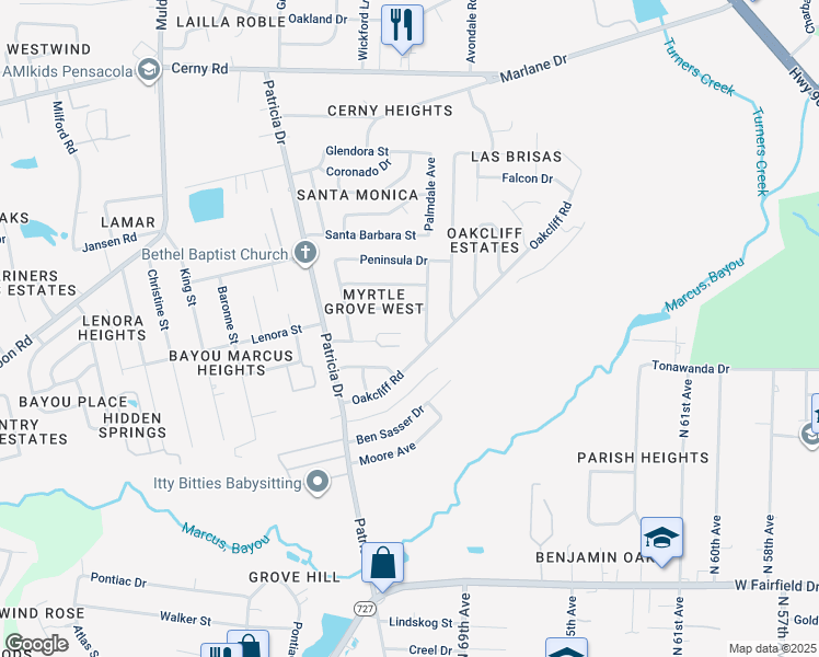 map of restaurants, bars, coffee shops, grocery stores, and more near 7116 Pearson Road in Pensacola