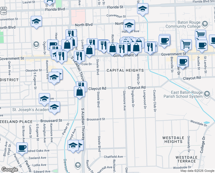 map of restaurants, bars, coffee shops, grocery stores, and more near 812 Richland Avenue in Baton Rouge