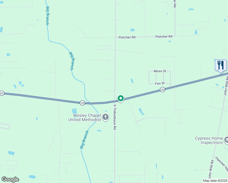 map of restaurants, bars, coffee shops, grocery stores, and more near 42596 North Thibodeaux Road in Ponchatoula
