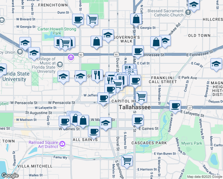 map of restaurants, bars, coffee shops, grocery stores, and more near 200 West College Avenue in Tallahassee
