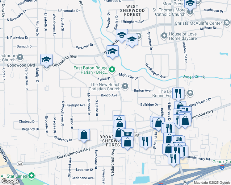 map of restaurants, bars, coffee shops, grocery stores, and more near 10682 Browning Drive in Baton Rouge