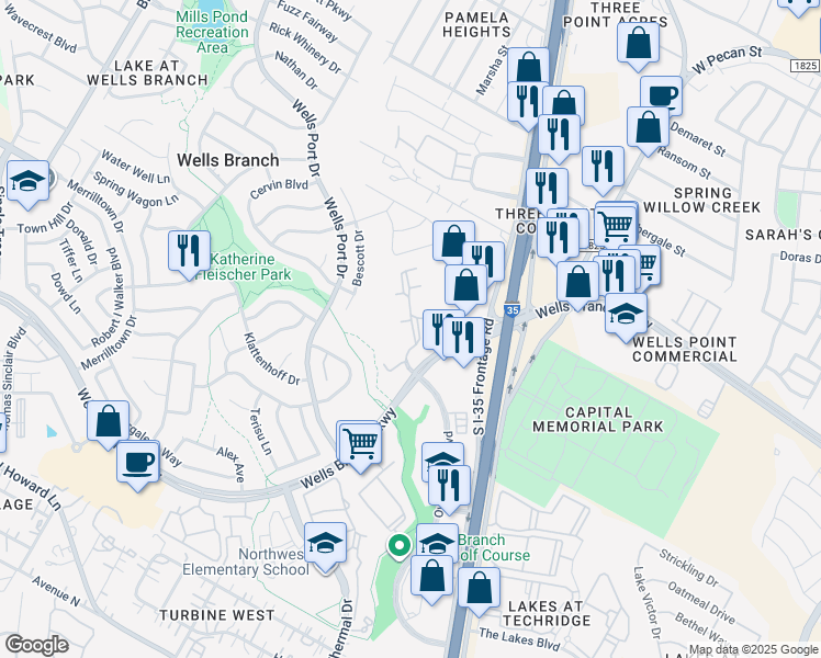 map of restaurants, bars, coffee shops, grocery stores, and more near 1720 Wells Branch Parkway in Austin