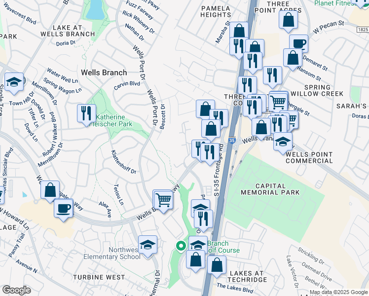 map of restaurants, bars, coffee shops, grocery stores, and more near 1720 Wells Branch Parkway in Austin