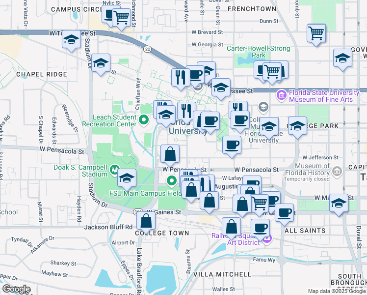 map of restaurants, bars, coffee shops, grocery stores, and more near 200 South Woodward Avenue in Tallahassee