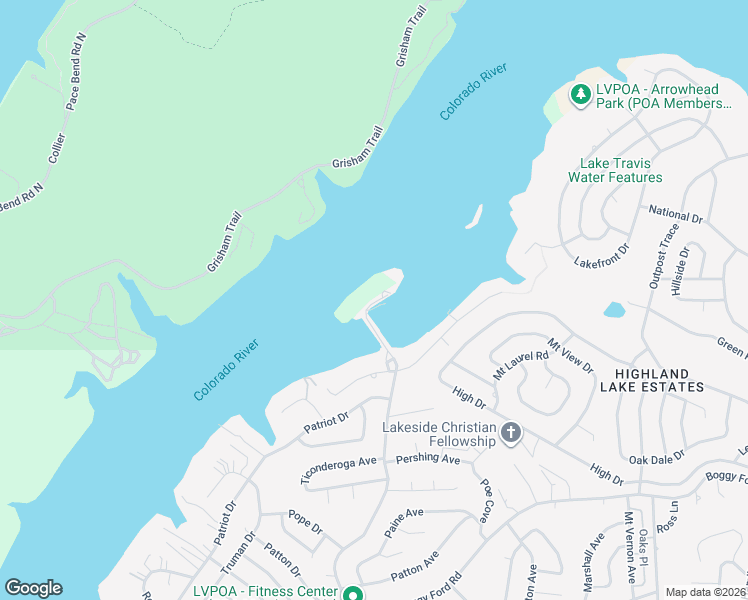 map of restaurants, bars, coffee shops, grocery stores, and more near 3404 American Drive in Lago Vista