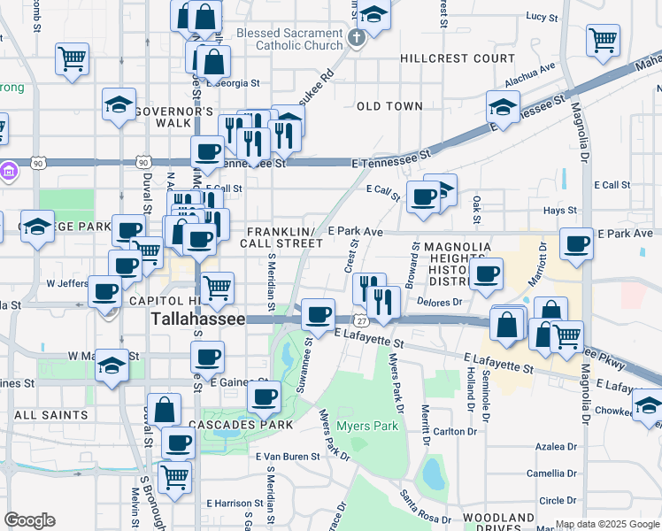 map of restaurants, bars, coffee shops, grocery stores, and more near 630 East College Avenue in Tallahassee