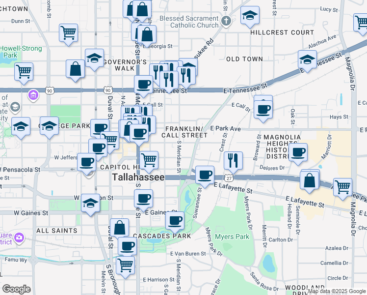 map of restaurants, bars, coffee shops, grocery stores, and more near 534 East College Avenue in Tallahassee