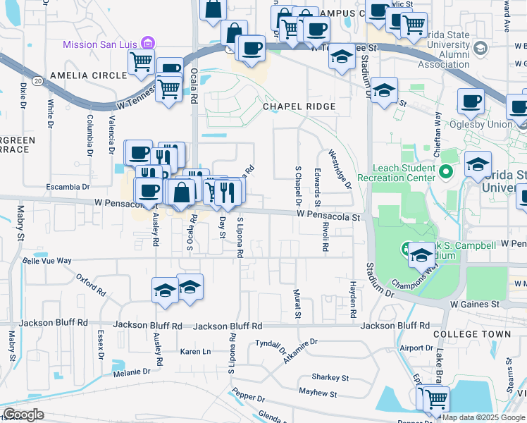 map of restaurants, bars, coffee shops, grocery stores, and more near 1857 Ivy Lane in Tallahassee