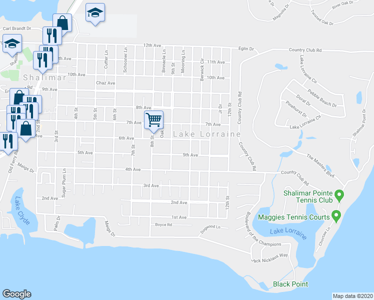map of restaurants, bars, coffee shops, grocery stores, and more near 40 10th Street in Shalimar