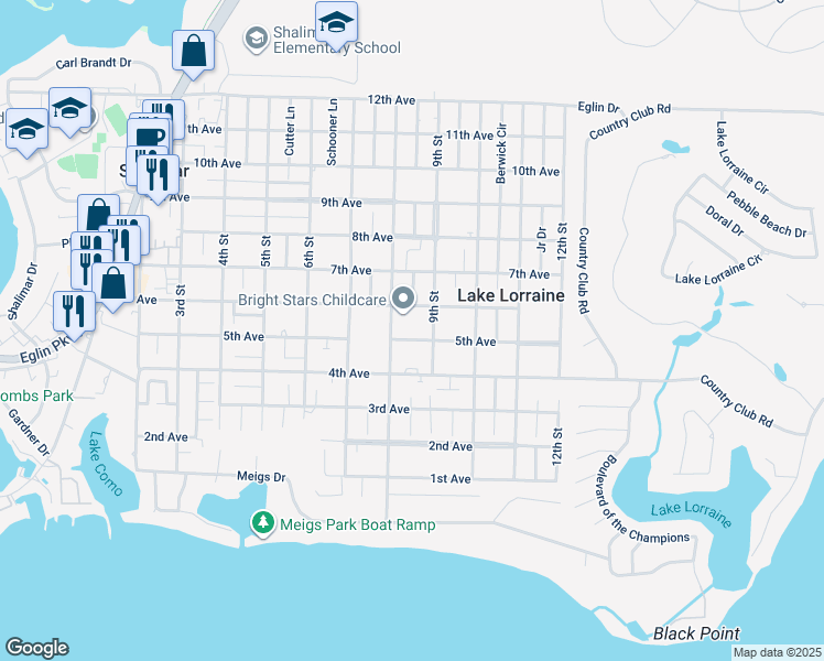 map of restaurants, bars, coffee shops, grocery stores, and more near 34 8th Street in Shalimar